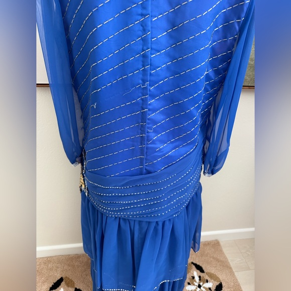 Vintage Royal Blue Embellished Gown with Bishop Sleeves - Picture 4 of 9